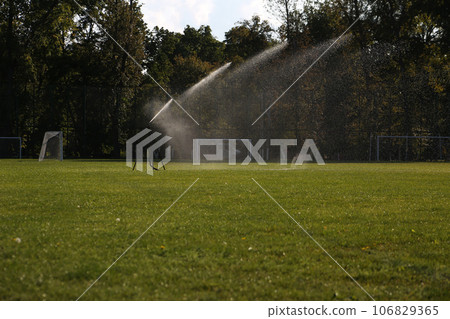 Lawn watering system for playing football. Spraying water on a grassy field for playing a sports game Lawn watering system for playing football. Spraying water on a grassy field for playing a sports game 106829365