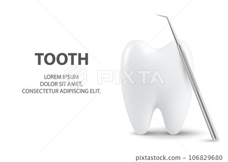 Vector 3d Realistic Tooth and Dental Probe for Teeth Closeup Isolated on White Background. Medical Dentist Tool. Design Template, Clipart, Mockup. Dentistry, Healthcare, Hygiene Concept 106829680