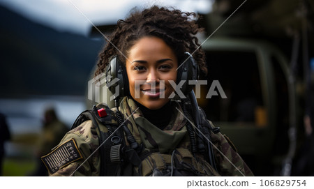 Female African American military helicopter pilot standing near her aircraft - generative AI. 106829754