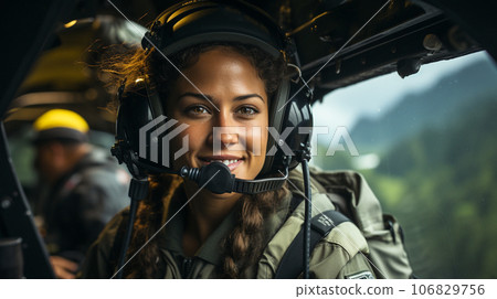 Female military helicopter pilot in the cockpit - generative AI. 106829756