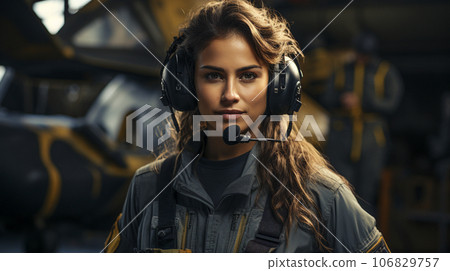 Female African American military helicopter pilot standing near her aircraft - generative AI. 106829757