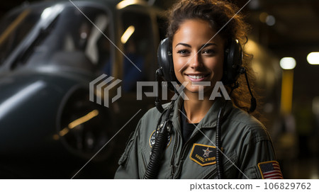 Female African American military helicopter pilot standing near her aircraft - generative AI. 106829762