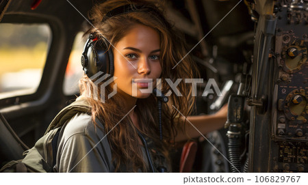 Female military helicopter pilot in the cockpit - generative AI. 106829767