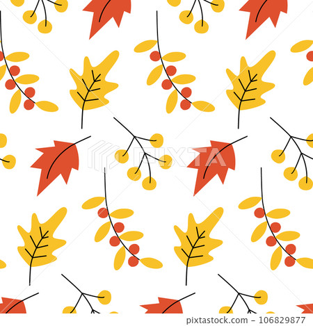 Vector Seamless pattern with colorful leaves and twigs with seasonal berries in trendy autumn shades Vector Seamless pattern with colorful leaves and twigs with seasonal berries in trendy autumn shades 106829877