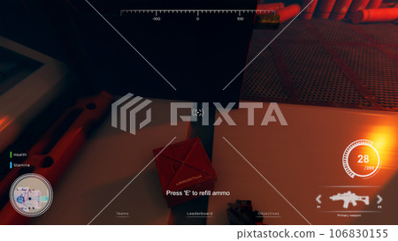 Shooter videogame with player searching for loot in dark industrial halls, finding ammunition crate. Battle royale PvP online multiplayer game with health, stamina, ammo bars HUD overlay 106830155