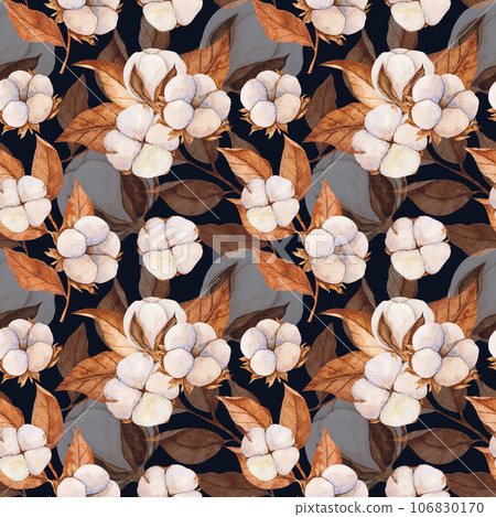 watercolor seamless pattern with cotton buds and dry leaves. Realistic botanical background for invitation,Holiday Winter Set, New Year clipart, decorations, Greeting card 106830170