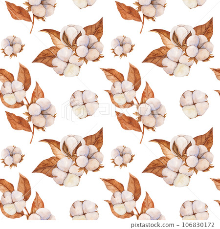 watercolor seamless pattern with cotton buds and dry leaves. Realistic botanical background for invitation,Holiday Winter Set, New Year clipart, decorations, Greeting card 106830172