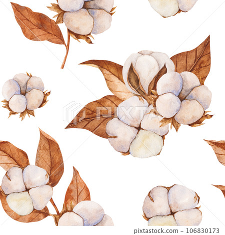 watercolor seamless pattern with cotton buds and dry leaves. Realistic botanical background for invitation,Holiday Winter Set, New Year clipart, decorations, Greeting card 106830173