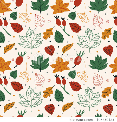 Vector seamless pattern with leaves and berries in cozy colors. hand drawn vector background for scrapbooking, textile or book covers, wallpapers, design, graphic art, printing, hobby, invitation. Vector seamless pattern with leaves and berries in cozy colors. hand drawn vector background for scrapbooking, textile or book covers, wallpapers, design, graphic art, printing, hobby, invitation. 106830183