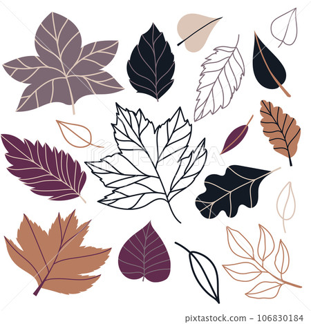 Set of vector illustration of leaves of maple, oak, birch in cozy autumn colors. Isolated objects for scrapbooking, textile or book covers, wallpapers, design, graphic art, printing, hobby, invitation 106830184