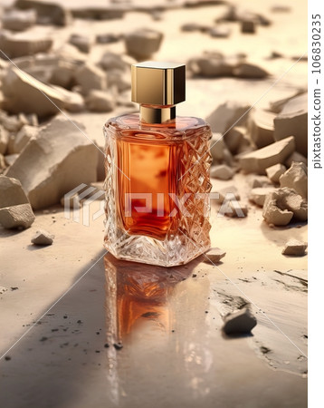 Luxurious perfume bottle mockup, exquisite perfume commercial with natural light and rich rextures in studio background, beauty product container 106830235