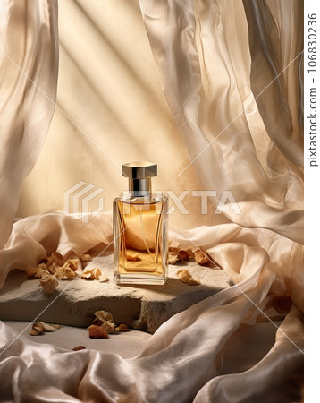 Luxurious perfume bottle mockup, exquisite perfume commercial with natural light and rich rextures in studio background, beauty product container 106830236