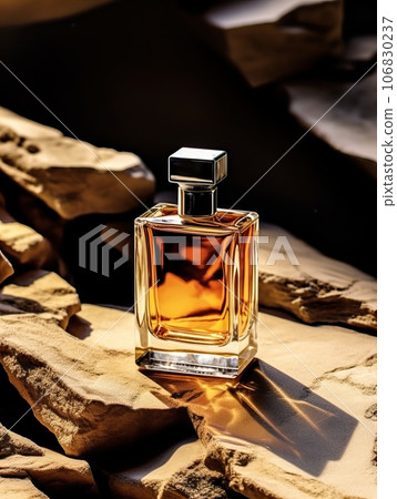 Luxurious perfume bottle mockup, exquisite perfume commercial with natural light and rich rextures in studio background, beauty product container 106830237