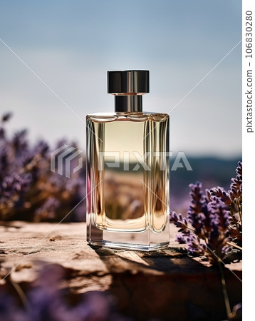 Luxurious perfume bottle mockup, exquisite perfume commercial with lavender flowers and rich rextures in studio background, beauty product container 106830280