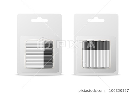 Vector 3d Realistic Four Alkaline Battery in Paper Bliste Icon Set Closeup Isolated. AA Size, Horizontal and Vertical Position. Design Template for Branding, Mockup 106830337