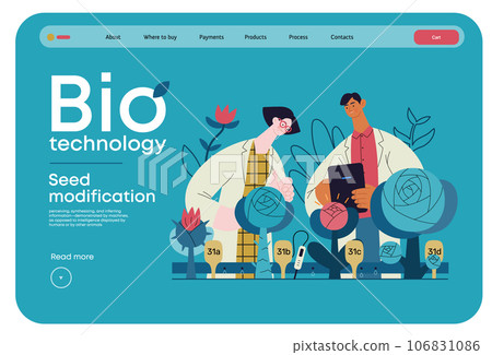 Bio Technology, Seed Modification -modern flat vector concept illustration of scientists analysing genetic modificated variants of a plant. Metaphor of direct impact of GMO on vegetation Bio Technology, Seed Modification -modern flat vector concept illustration of scientists analysing genetic modificated variants of a plant. Metaphor of direct impact of GMO on vegetation 106831086