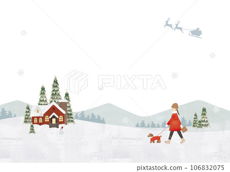 Watercolor painting of a woman walking her dog on a snowy Christmas day 106832075