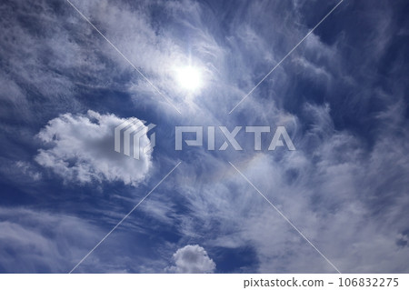 自然天氣：卷雲，刷狀雲，帶有微弱的光暈。前景是積雲的碎片 106832275