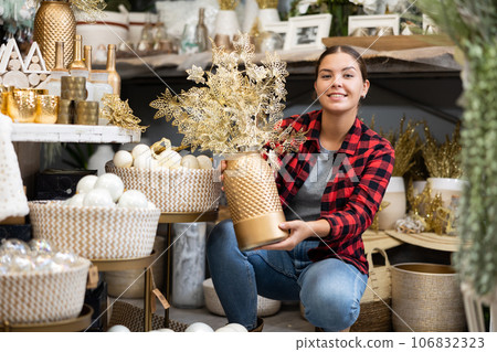 Positive girl choosing pecorative plant in christmas store Positive girl choosing pecorative plant in christmas store 106832323