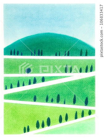 Soft pastel painting Val d'Orcia summer landscape hand-painted Soft pastel painting Val d'Orcia summer landscape hand-painted 106833417