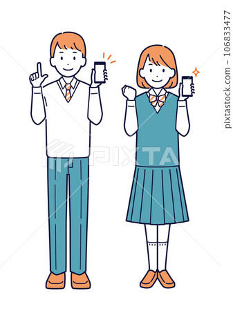 Male and female students smiling and holding smartphones_full body 106833477