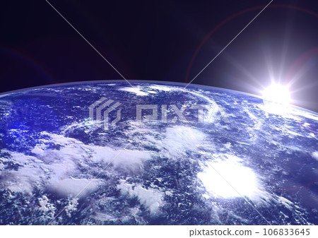 Earth, ocean, sun, morning sun, horizon, sunrise, space, clouds, atmosphere (3DCG image) 106833645