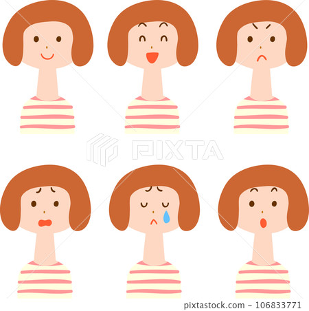 6 types of facial expressions of women wearing striped clothes - upper body 106833771