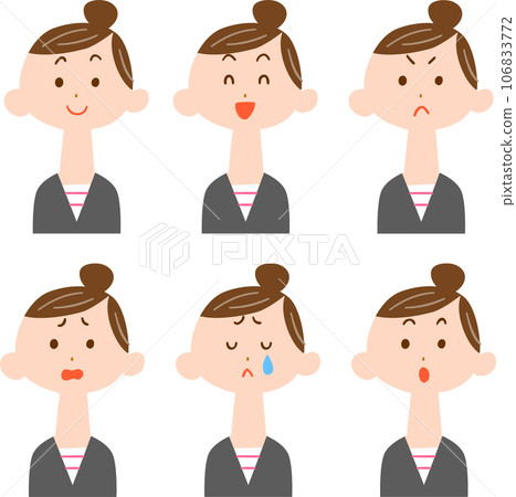 捲髮女性的6種面部表情-上半身 106833772