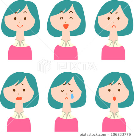 粉色剪裁上半身女性的6種表情 粉色剪裁上半身女性的6種表情 106833779
