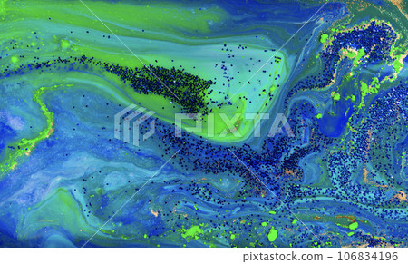 Blue and Gold Glitter on Liquid Blue Ink Background. 106834196