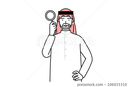 Islamic senior man looking through a magnifying glass Islamic senior man looking through a magnifying glass 106835310