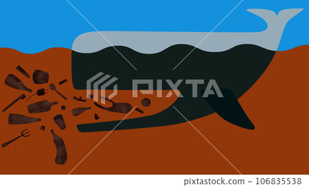 Illustration of a whale trying to eat garbage, ocean pollution Illustration of a whale trying to eat garbage, ocean pollution 106835538