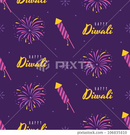 Diwali seamless pattern. Cute background for hindu holiday. Indian festival of lights. Vector illustration in flat cartoon style. Perfect for fabric, package paper, wallpaper, greeting cards 106835810