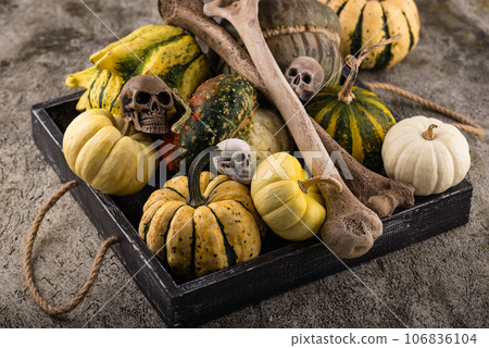 Halloween still life with pumpkin and bones Halloween still life with pumpkin and bones 106836104