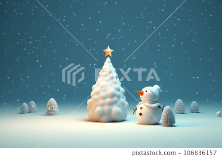 Snowman and Christmas tree with snow 3D illustration, cute Christmas background. Generative AI Snowman and Christmas tree with snow 3D illustration, cute Christmas background. Generative AI 106836157