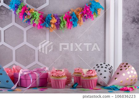 Birthday party concept with cupcake Birthday party concept with cupcake 106836223