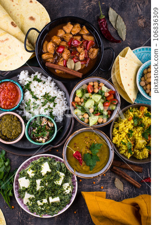 Various types of traditional Indian food. 106836309
