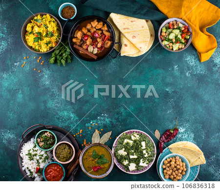 Various types of traditional Indian food. 106836318