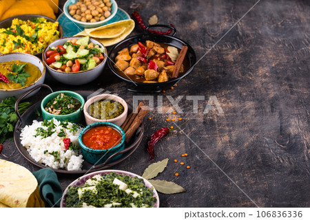 Various types of traditional Indian food. 106836336