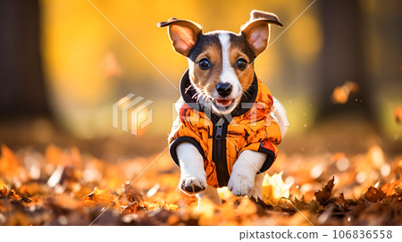 Home pet, cute Jack Russell puppy in warm autumn clothes, against the background of orange bright leaves in a city park Home pet, cute Jack Russell puppy in warm autumn clothes, against the background of orange bright leaves in a city park 106836558