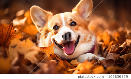 Home pet, cute corgi puppy lies in autumn leaves in park. Love care for animals, walking training dogs outdoors Home pet, cute corgi puppy lies in autumn leaves in park. Love care for animals, walking training dogs outdoors 106836559