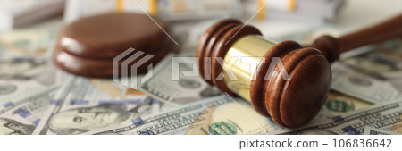 Judge gavel on dollar banknotes background, shallow depth of field. Judge gavel on dollar banknotes background, shallow depth of field. 106836642
