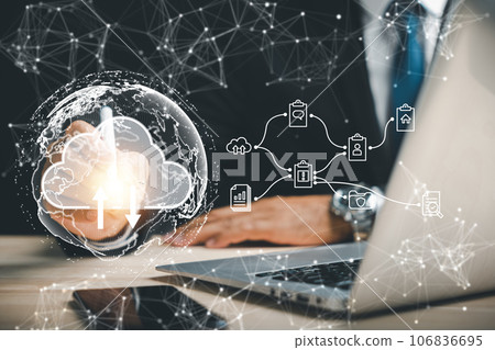 Protect business performance and explore the metaverse world map using a digital pen and cloud icon. Discover the possibilities of social media marketing and big data. 106836695