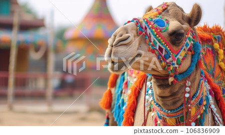 Beautiful decorated camel smiling. Generative AI 106836909