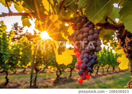 Grapes hanging from lush green vine at vineyard. Generative AI Grapes hanging from lush green vine at vineyard. Generative AI 106836923