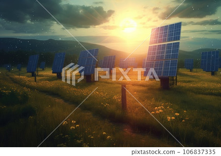 Solar panels in nature. Generative AI 106837335