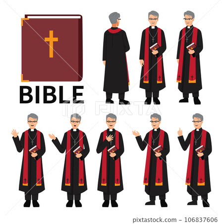 Catholic priest character set, smiling and speaking. Isolated vector illustration of religious professions. 106837606