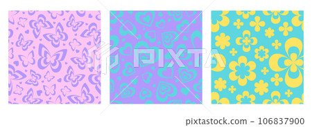 Y2k seamless pattern with groovy flowers hearts and butterfly. Retro print with aesthetic daisies. Vector set Y2k seamless pattern with groovy flowers hearts and butterfly. Retro print with aesthetic daisies. Vector set 106837900