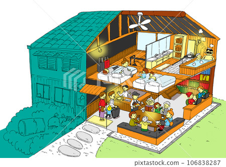 Before and after illustration of a vacant old private house renovated into a lodging facility Before and after illustration of a vacant old private house renovated into a lodging facility 106838287