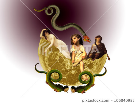 A woman and child holding their heads and worrying inside the half moon 106840985